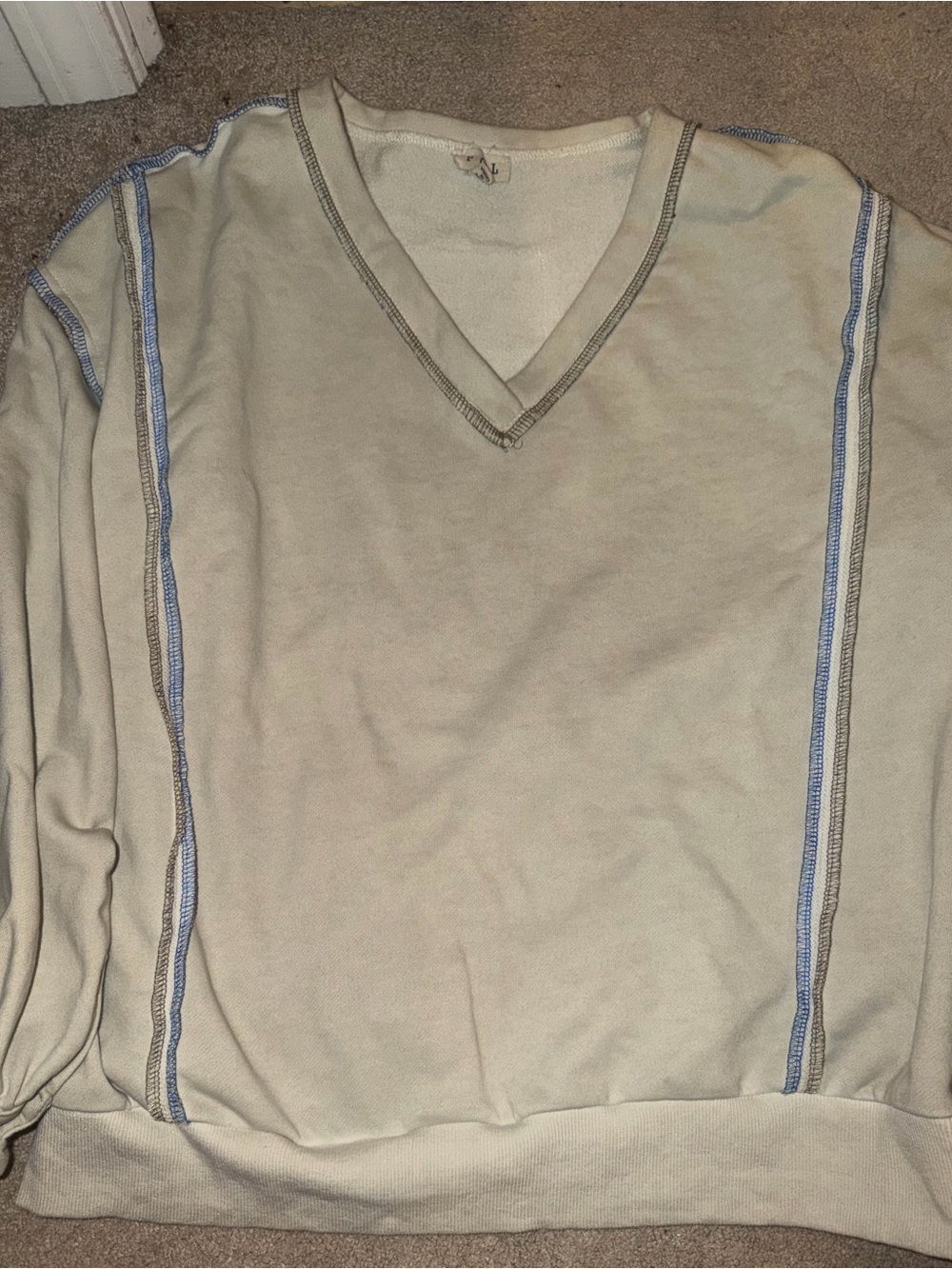POL Men's Cream V-Neck Sweater with Light Blue Stripe